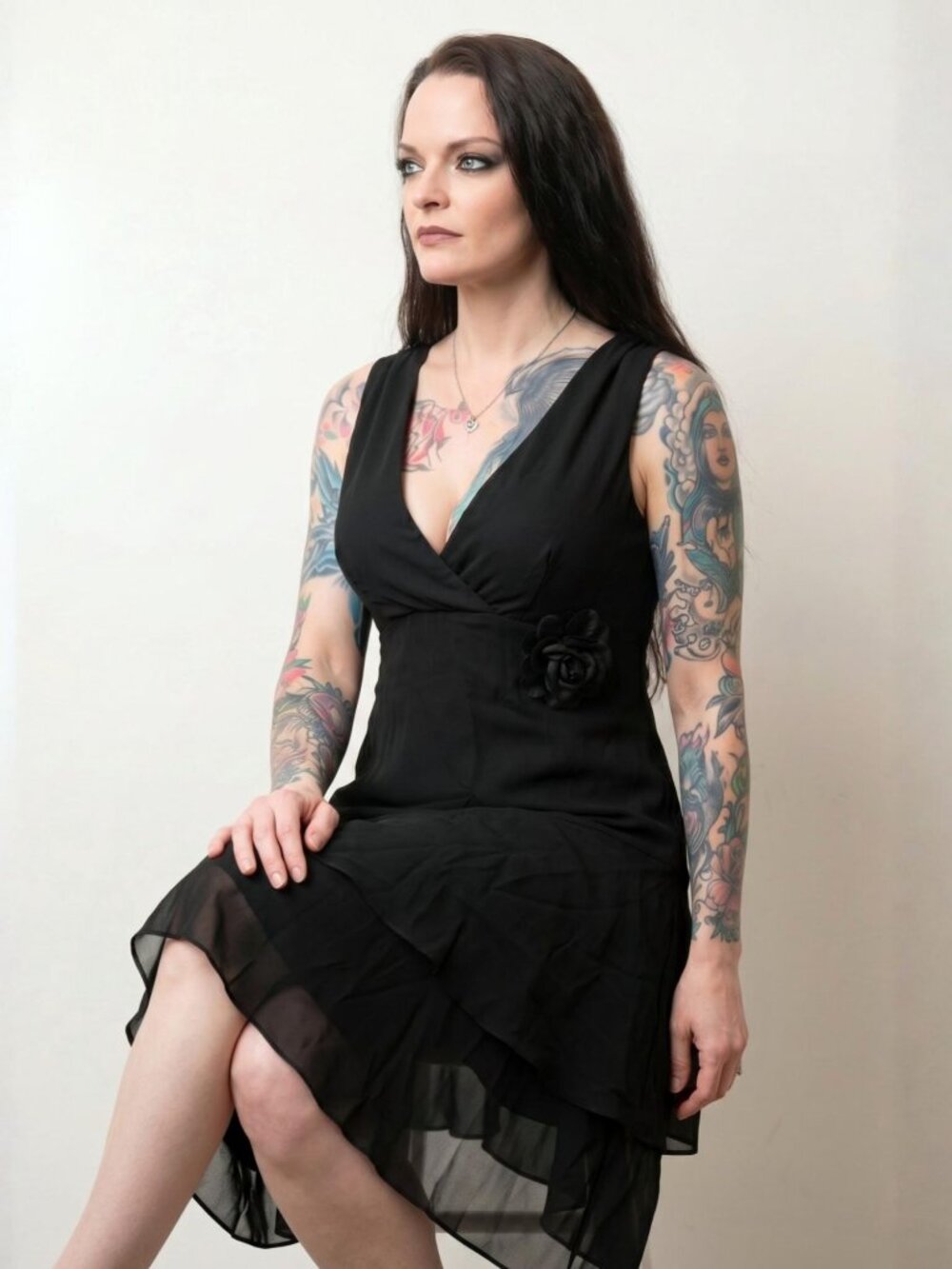 Rabbit Rabbit Rabbit ✦ Sleeveless V-Neck Chiffon Dress ✦ Floral Accent Black 4 - Picture 4 of 12